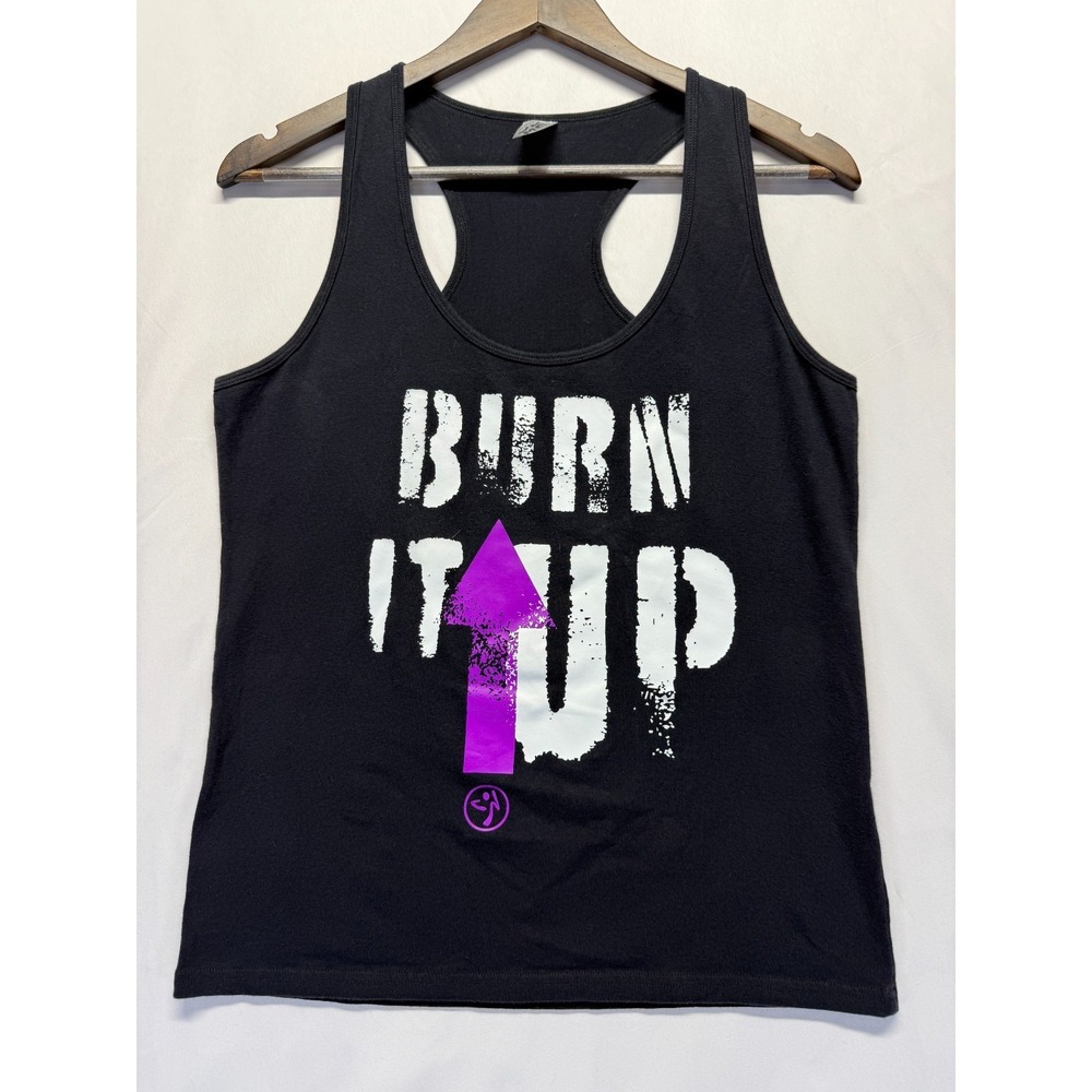 Zumba Fitness Tank Top Womens XL Black Graphic Burn It Up Racerback Gym Training
